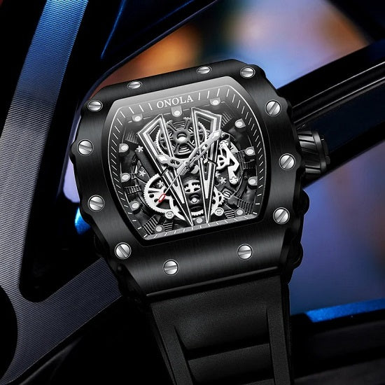 Mens Hublot Swiss Style Top Brand Tonneau Holow Dial Design Luxury Multi-function Chronograph Quartz Watch