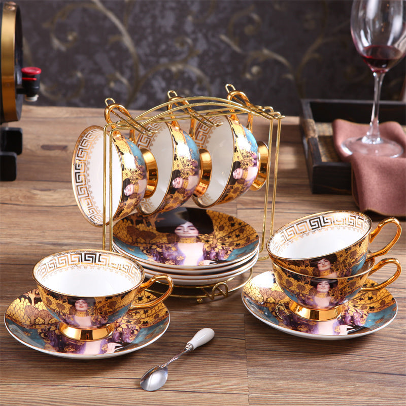 Gustav Klimt Art Style Coffee and Tea Set with Hand Made Fine Porcelain 24 karat Gold Plated