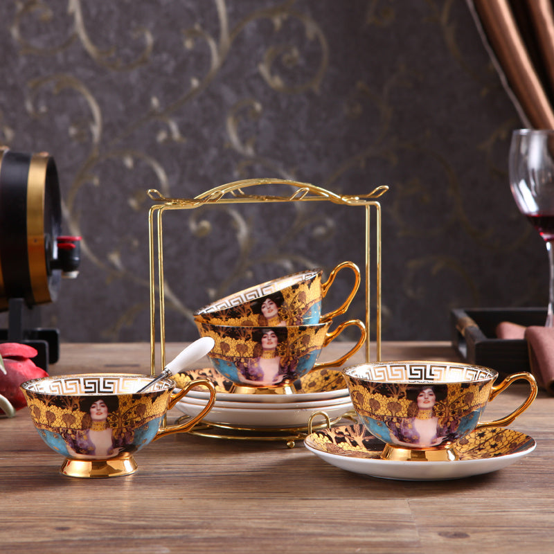 Gustav Klimt Art Style Coffee and Tea Set with Hand Made Fine Porcelain 24 karat Gold Plated