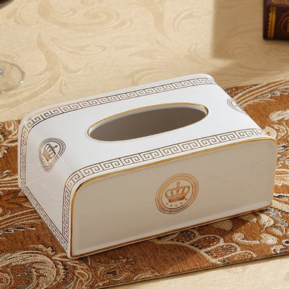 ALDO Bathroom Accessories > Facial Tissue Holders 2 White Gold Crown Style Handmade Fine Ceramic Designer Tissue Box With Real Gold Leaf.
