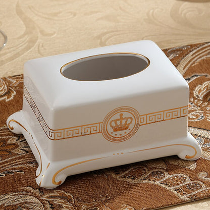 ALDO Bathroom Accessories > Facial Tissue Holders 4 White Gold Crown Style Handmade Fine Ceramic Designer Tissue Box With Real Gold Leaf.