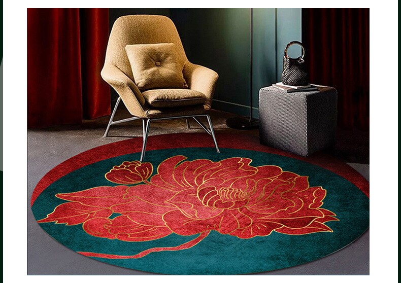 ALDO Building Materials Flooring & Carpet Luxury Far Eastern Art Style with Red Flowers Non-Slip Round Rug Carpet