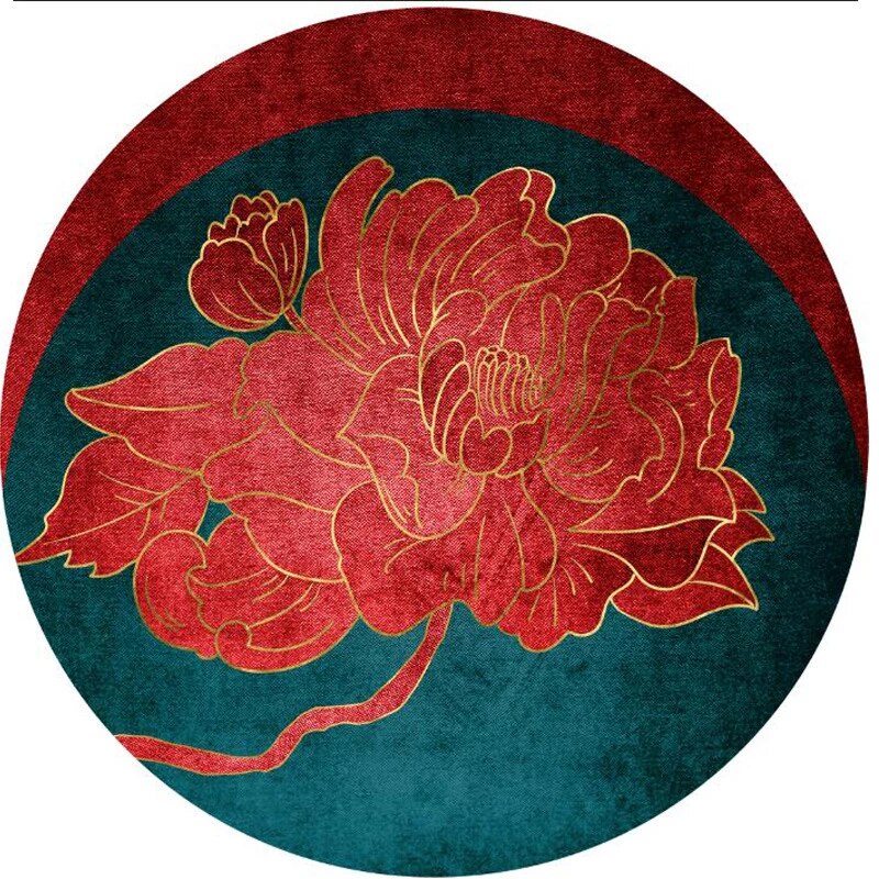 ALDO Building Materials Flooring & Carpet Luxury Far Eastern Art Style with Red Flowers Non-Slip Round Rug Carpet