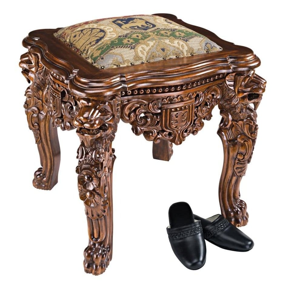 ALDO Chairs Throne 26"Wx24.5"Dx54"H Stool: 24"Wx24"Dx24.5"H. 35 l / NEW / wood Medieval Antique Replica Solid Mahogany Throne Arm Chair and Ottoman Set By Artist Lord Raffles