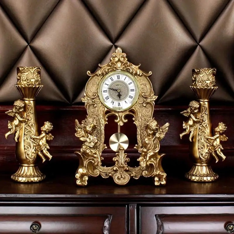 ALDO Clocks A-1 / Gold Grand  Luxurious Vintage Pendulum Quartz Clock with Angels and Two Candle Holders Set