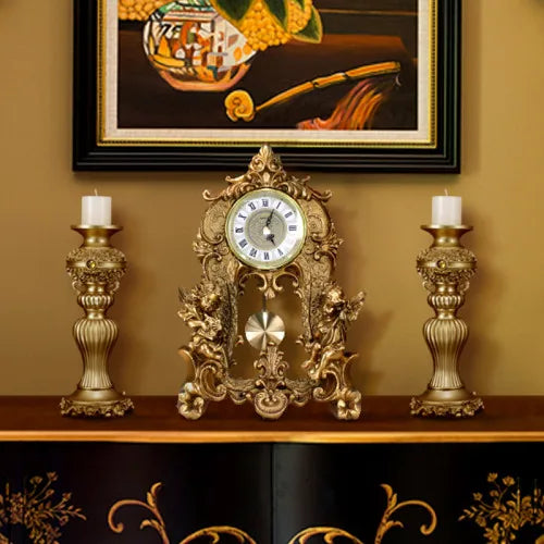 ALDO Clocks A-2 / Gold Grand  Luxurious Vintage Pendulum Quartz Clock with Angels and Two Candle Holders Set