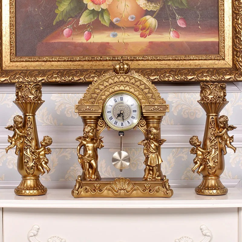 ALDO Clocks B-1 / Gold Grand  Luxurious Vintage Pendulum Quartz Clock with Angels and Two Candle Holders Set