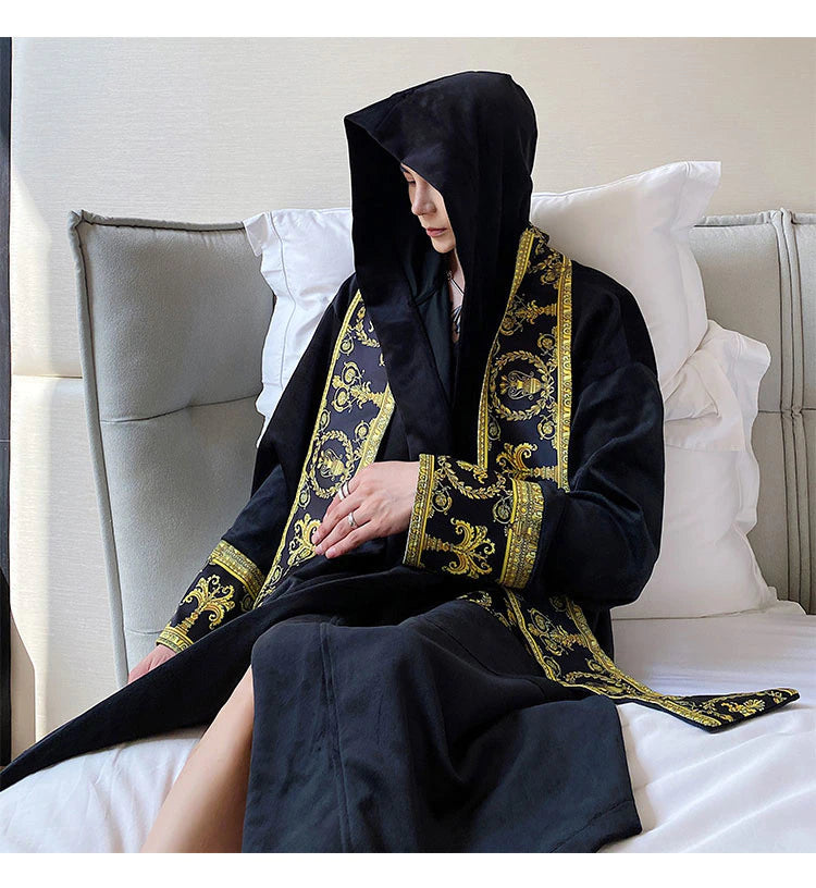 ALDO Clothing > Sleepwear & Loungewear > Robes Luxury Velvet Robe With Hood and Gold Embroidery One Size Fits All