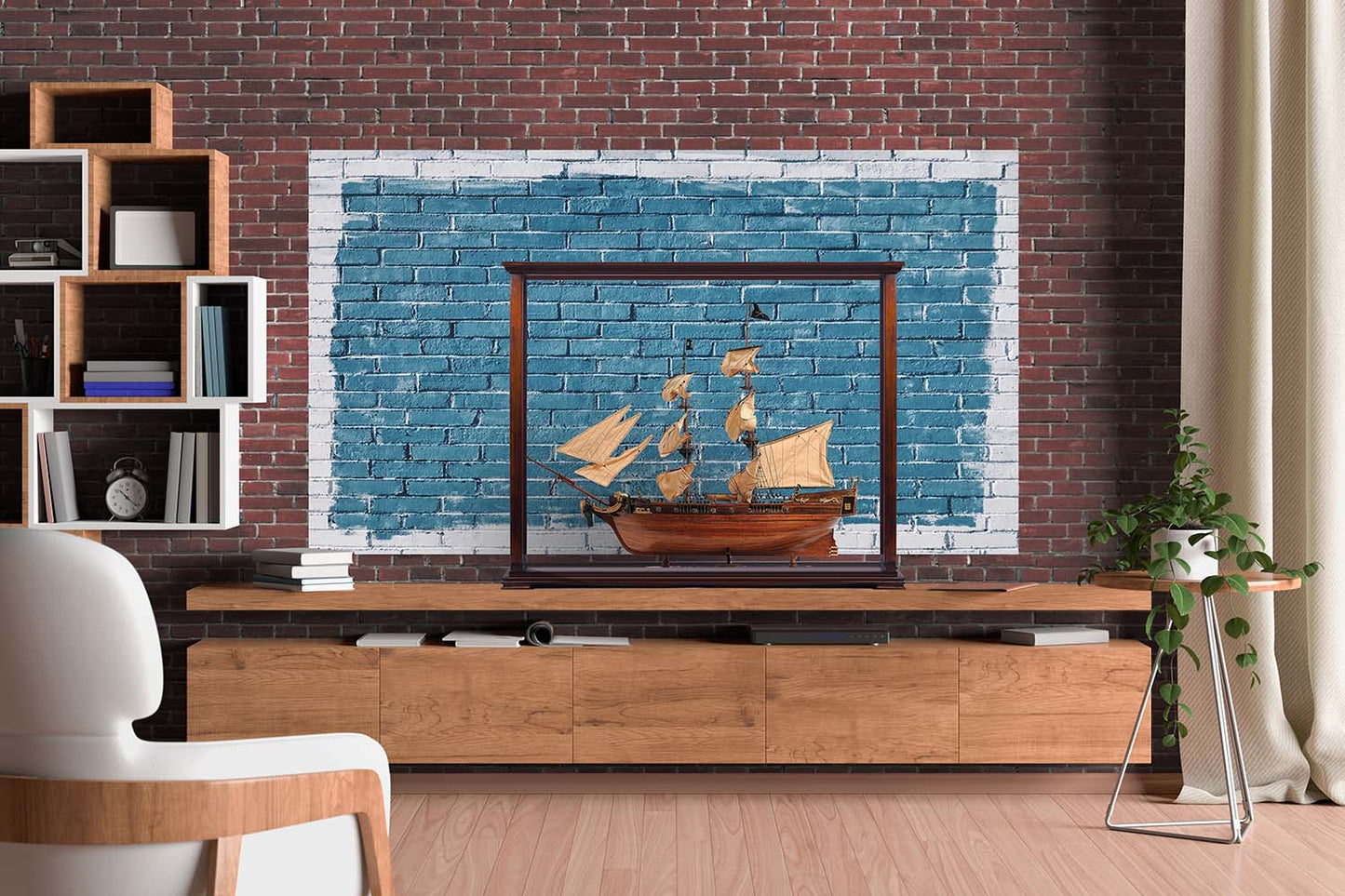 ALDO Creative Arts Collectibles Scale Model Outside: L: 34 W: 13 H: 31.5 Inches /   Inside: L: 32.5 x W: 12 x H: 29 inches. / NEW / Wood with plexiglass panels Display Case Cabinet Table Top For Midsize Tall Ship Yacht Boat Models With Plexiglass Panels