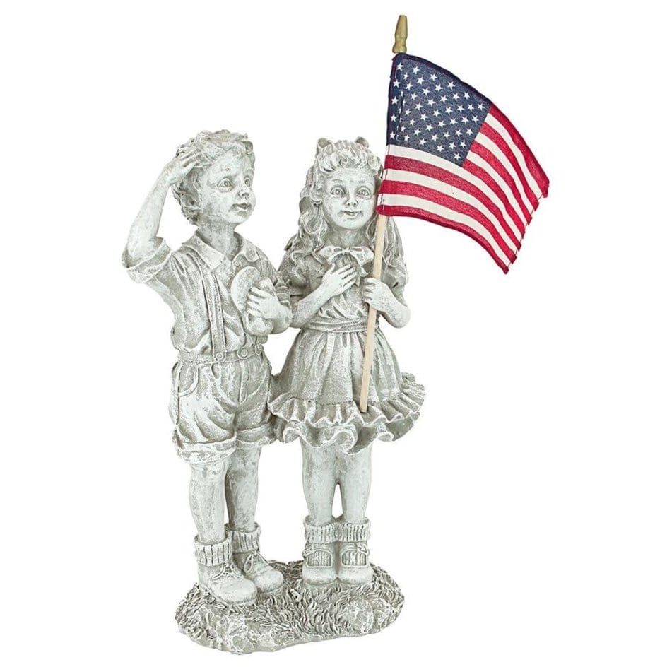 ALDO Décor>Artwork>Sculptures & Statues 8"Wx4.5"Dx16"H / NEW / rasin Patriotic USA Flag Holding Children Celebrating the 4th of July Garden Statue by artist Evelyn Myers Hartley