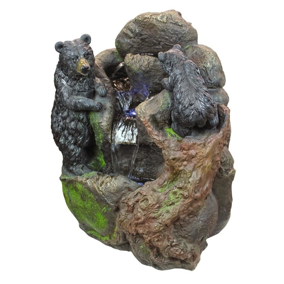 ALDO Decor > Fountains & Ponds 19.5"Wx14.5"Dx24"H / new / resin Grizzly Gulch Two Black Bears Sculptural Fountain With LED