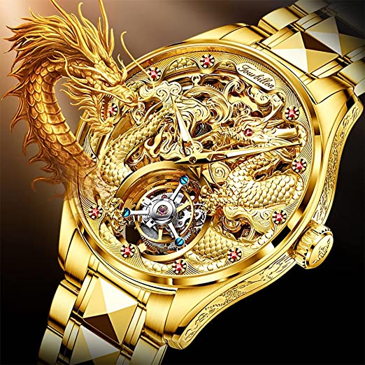 ALDO Décor > Watches ‎8 x 0.43 x 0.78 inches; / NEW / stainless still Men's Dragon-Shaped Gold Engraved Wrist Watch Tourbillon Automatic Movement Waterproof Luxury Business Skeleton with Sapphire Crystal