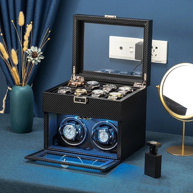 ALDO Décor > Watches PU Leather Brown Luxury Watch Winders for Mechanical Watches and Watch Case Box Organizer with LED and DC Adapter
