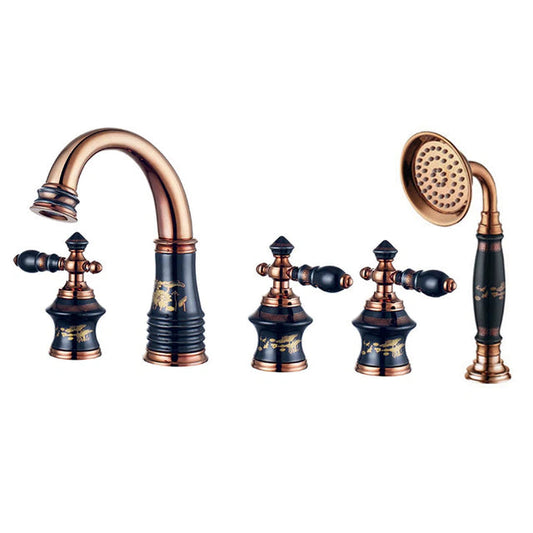 ALDO Hardware>Plumbing Fixtures Bathtub Basin Faucet Rose Gold and Black Brass and Ceramic Deck 5 Holes Bathtub Mixer Faucett