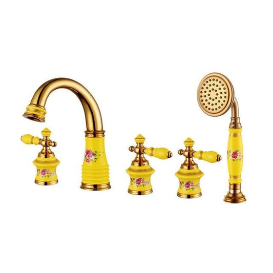ALDO Hardware>Plumbing Fixtures Bathtub Basin Faucet Yellow  Brass and Ceramic Deck 5 Holes Bathtub Mixer Faucet.
