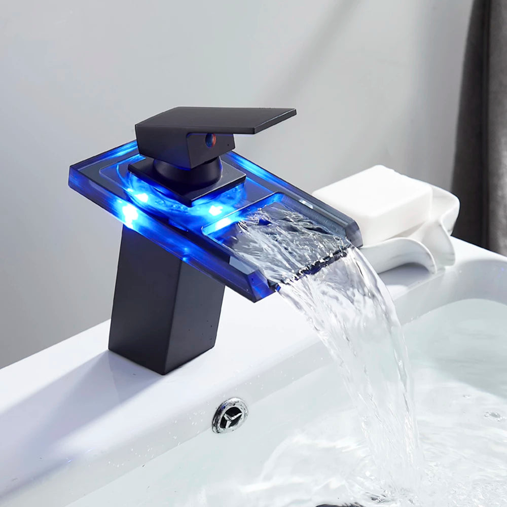 ALDO Hardware>Plumbing Fixtures BCC Luxury Modern Bathroom  Waterfall  Basin Faucet LED Color Changing  Deck Mounted Single Handle