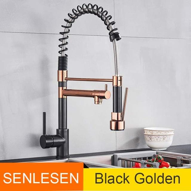 ALDO Hardware>Plumbing Fixtures Black Golden Senlesen Certified Commercial Heavy-duty LED Light Spring Pull Down Kitchen Sink Faucet Tap with Dual Spout Deck Mounted