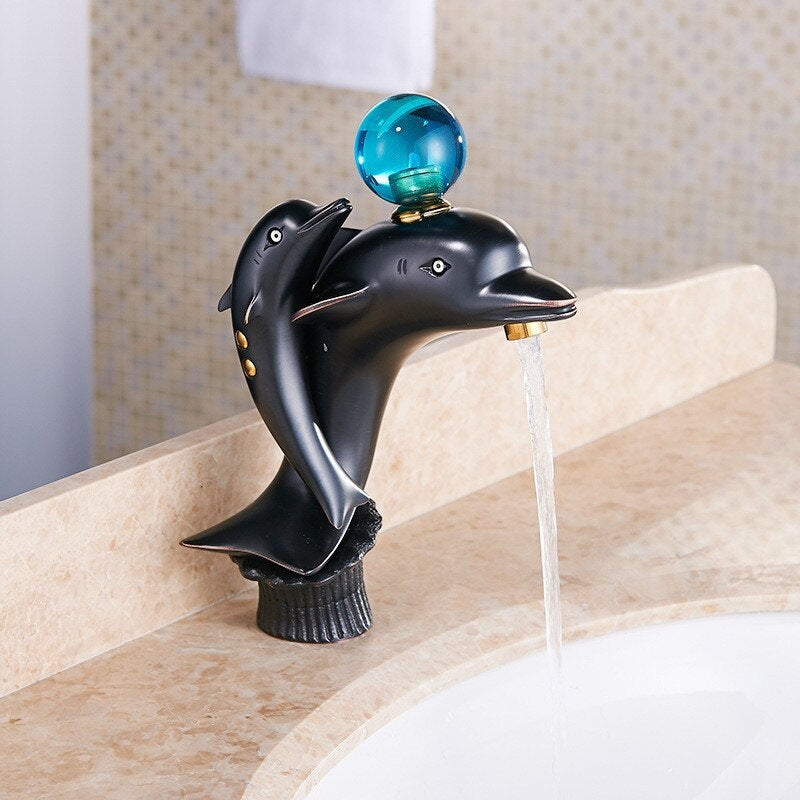 ALDO Hardware>Plumbing Fixtures Black Luxury Dolphin Bathroom Basin Solid Brass Faucets Contemporary Deck Mounted