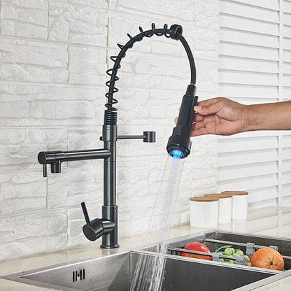 ALDO Hardware>Plumbing Fixtures Black Senlesen Certified Commercial Heavy-duty LED Light Spring Pull Down Kitchen Sink Faucet Tap with Dual Spout Deck Mounted.