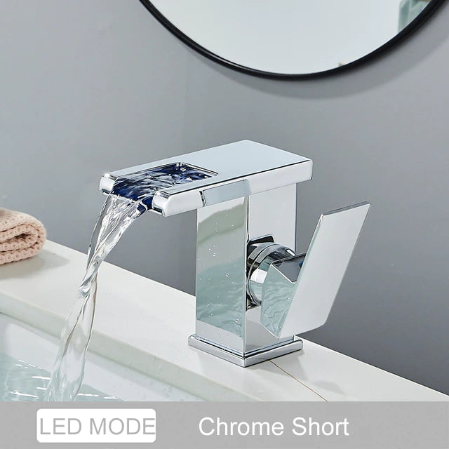 ALDO Hardware>Plumbing Fixtures CHR Luxury Modern Bathroom  Waterfall  Basin Faucet LED Color Changing  Deck Mounted Single Handle
