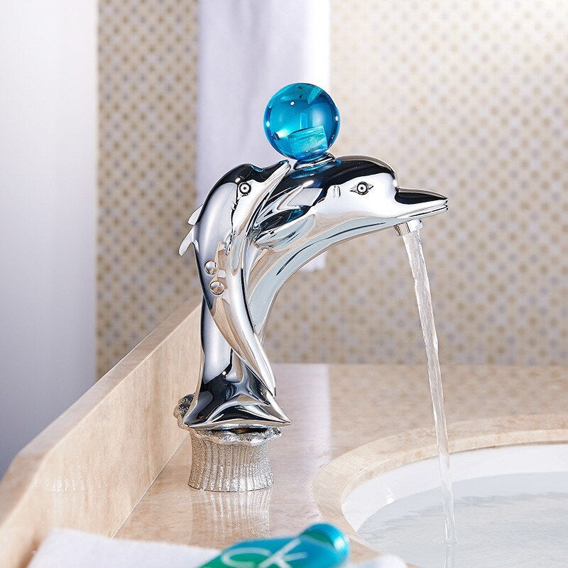 ALDO Hardware>Plumbing Fixtures Chrome Luxury Dolphin Bathroom Basin Solid Brass Faucets Contemporary Deck Mounted
