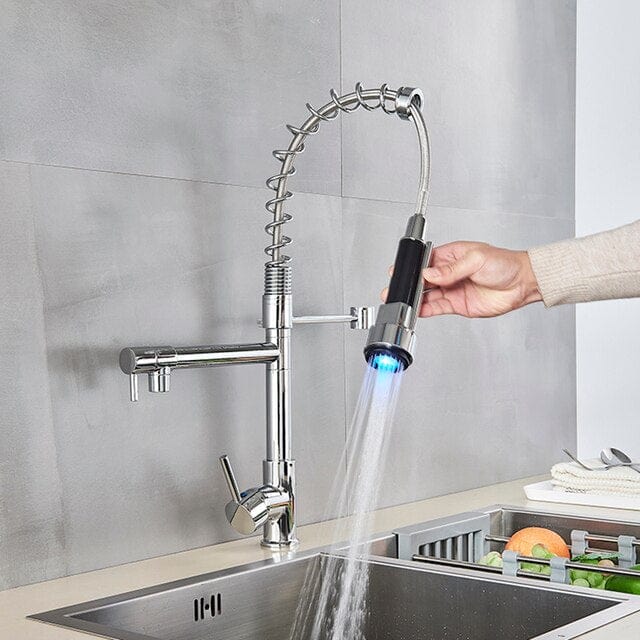 ALDO Hardware>Plumbing Fixtures Chrome Senlesen Certified Commercial Heavy-duty LED Light Spring Pull Down Kitchen Sink Faucet Tap with Dual Spout Deck Mounted.