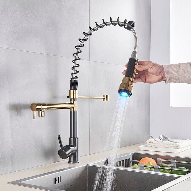 ALDO Hardware>Plumbing Fixtures Gold and Black Senlesen Certified Commercial Heavy-duty LED Light Spring Pull Down Kitchen Sink Faucet Tap with Dual Spout Deck Mounted.