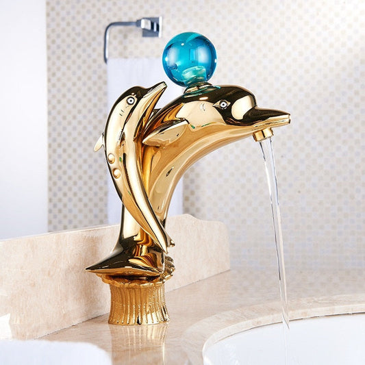 ALDO Hardware>Plumbing Fixtures Gold Luxury Dolphin Bathroom Basin Solid Brass Faucets Contemporary Deck Mounted
