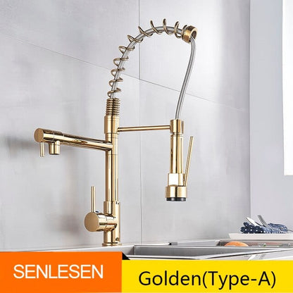 ALDO Hardware>Plumbing Fixtures Golden Senlesen Certified Commercial Heavy-duty LED Light Spring Pull Down Kitchen Sink Faucet Tap with Dual Spout Deck Mounted