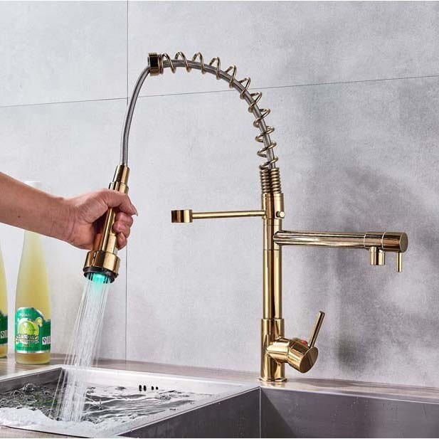 ALDO Hardware>Plumbing Fixtures Golden Senlesen Certified Commercial Heavy-duty LED Light Spring Pull Down Kitchen Sink Faucet Tap with Dual Spout Deck Mounted.