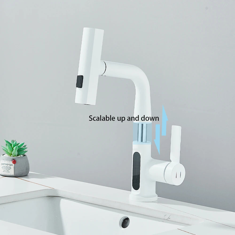ALDO Hardware>Plumbing Fixtures Intelligent Waterfall Basin Faucet with Temperature Digital Display Lift Up Crane Pull Out Faucet