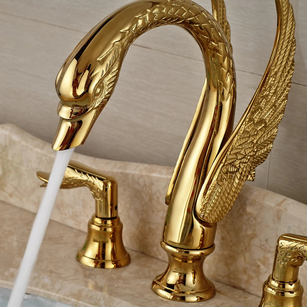 ALDO Hardware>Plumbing Fixtures Luxury Contemporary  Swan Bathroom Basin Faucet Brass Deck Mounted Double Swan Handle