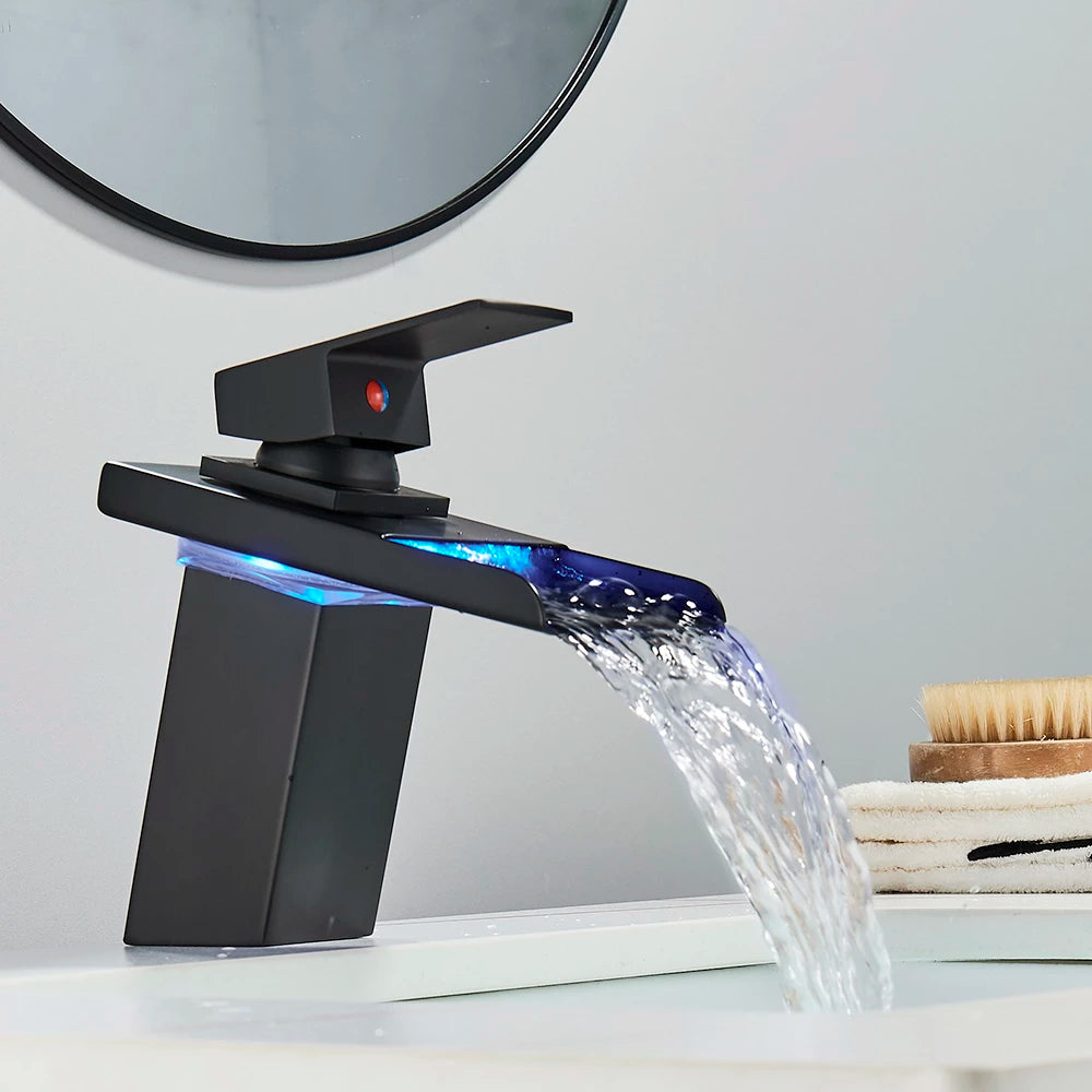 ALDO Hardware>Plumbing Fixtures Luxury Modern Bathroom  Waterfall  Basin Faucet LED Color Changing  Deck Mounted Single Handle