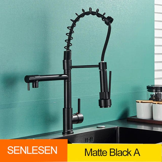 ALDO Hardware>Plumbing Fixtures Matte Black Senlesen Certified Commercial Heavy-duty LED Light Spring Pull Down Kitchen Sink Faucet Tap with Dual Spout Deck Mounted