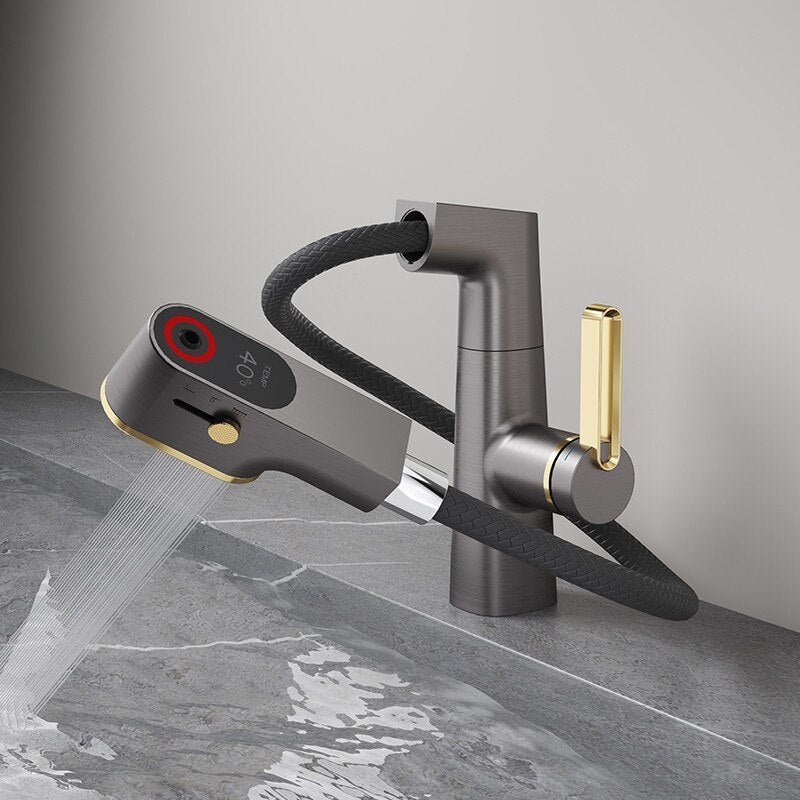 ALDO Hardware>Plumbing Fixtures New Bathroom Basin Faucets LED with Temperature Control Display Solid Brass Mixer Taps and Pull Out Type Single Handle
