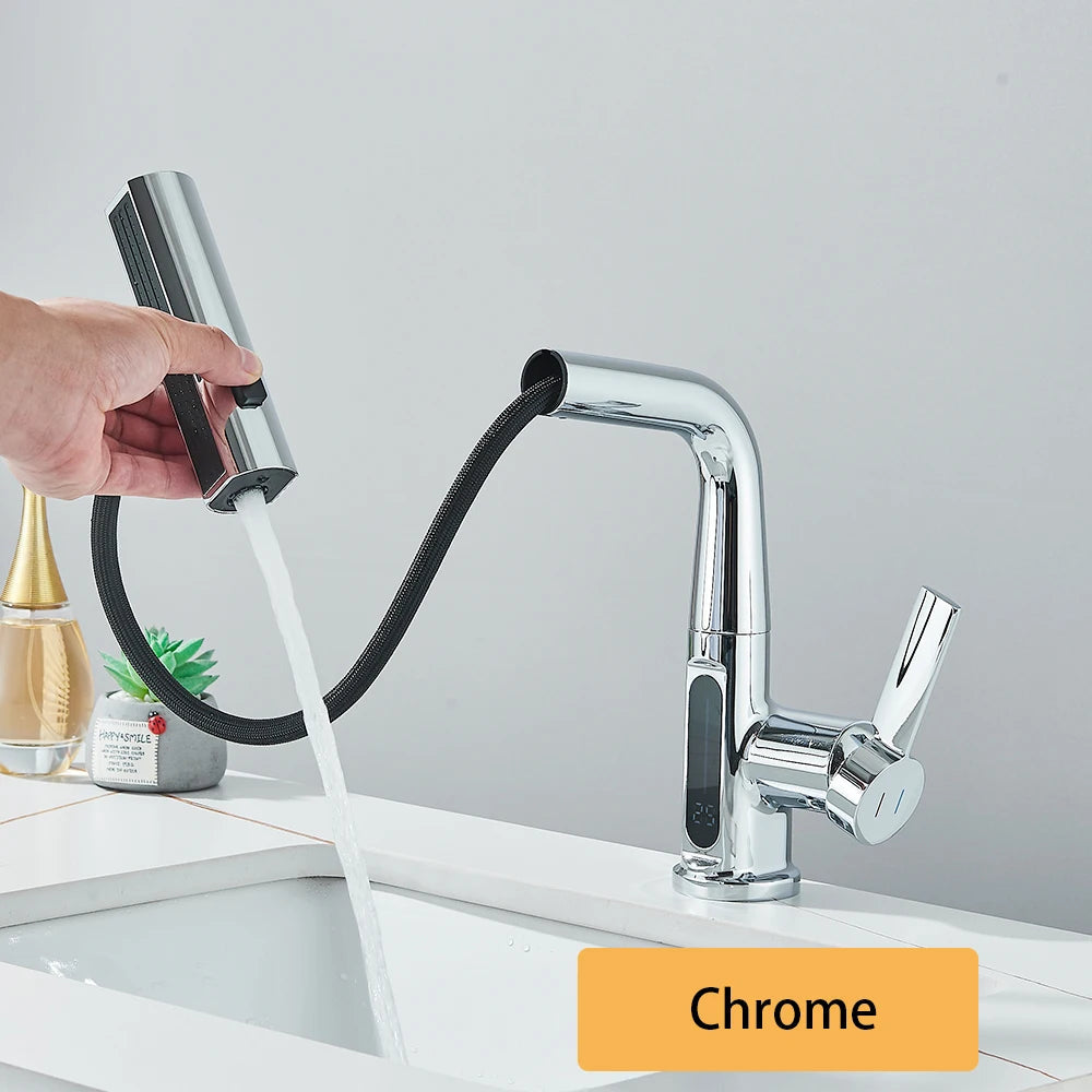 ALDO Hardware>Plumbing Fixtures Nickel Intelligent Waterfall Basin Faucet with Temperature Digital Display Lift Up Crane Pull Out Faucet