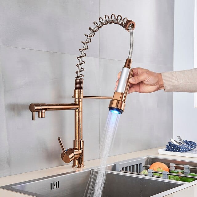 ALDO Hardware>Plumbing Fixtures Senlesen Certified Commercial Heavy-duty LED Light Spring Pull Down Kitchen Sink Faucet Tap with Dual Spout Deck Mounted.
