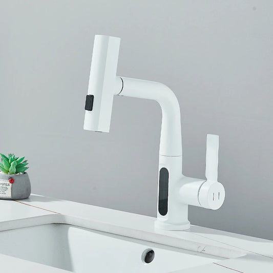 ALDO Hardware>Plumbing Fixtures White Intelligent Waterfall Basin Faucet with Temperature Digital Display Lift Up Crane Pull Out Faucet