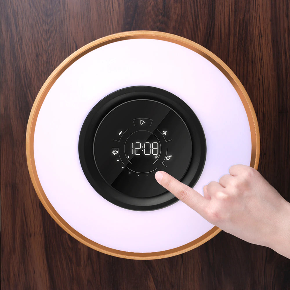 ALDO Home & Garden>Lamps> Lighting & Ceiling Fans 11"D x 11"W x 8"H / Wood Modern Art Deco Table Lamp Tree of Life Round Shape Smart Touch Wireless Bluetooth Speakers and Charging Pad