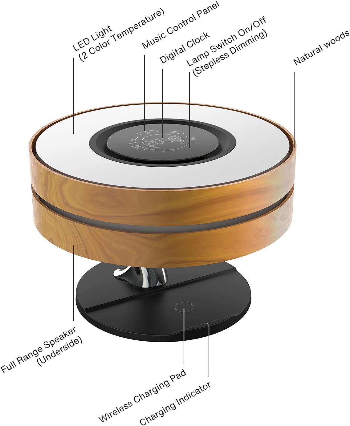ALDO Home & Garden>Lamps> Lighting & Ceiling Fans 11"D x 11"W x 8"H / Wood Modern Art Deco Table Lamp Tree of Life Round Shape Smart Touch Wireless Bluetooth Speakers and Charging Pad