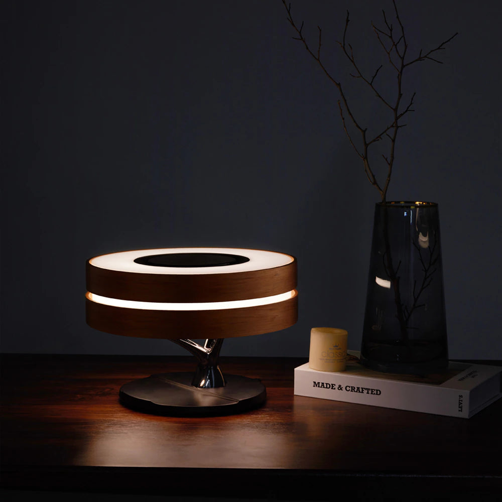 ALDO Home & Garden>Lamps> Lighting & Ceiling Fans 11"D x 11"W x 8"H / Wood Modern Art Deco Table Lamp Tree of Life Round Shape Smart Touch Wireless Bluetooth Speakers and Charging Pad