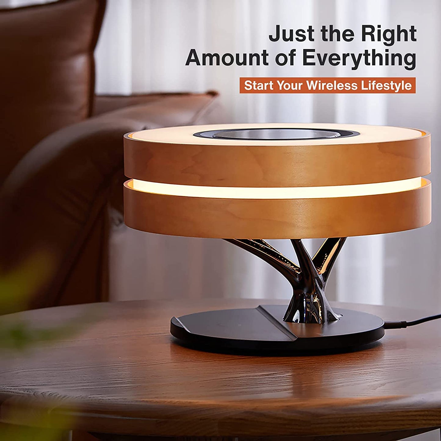 ALDO Home & Garden>Lamps> Lighting & Ceiling Fans 11"D x 11"W x 8"H / Wood Modern Art Deco Table Lamp Tree of Life Round Shape Smart Touch Wireless Bluetooth Speakers and Charging Pad