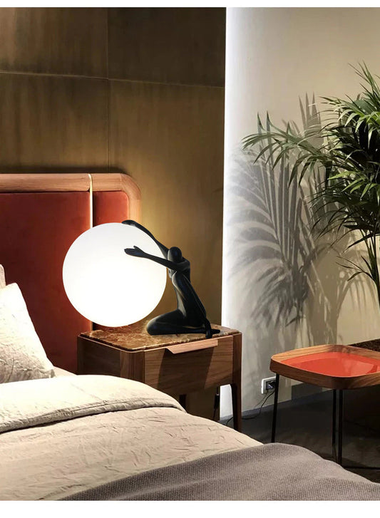 ALDO Home & Garden>Lamps> Lighting & Ceiling Fans Modern Art Sculpture Decoration Table Lamp Black Abstract Humanoid Holding LED Light Ball