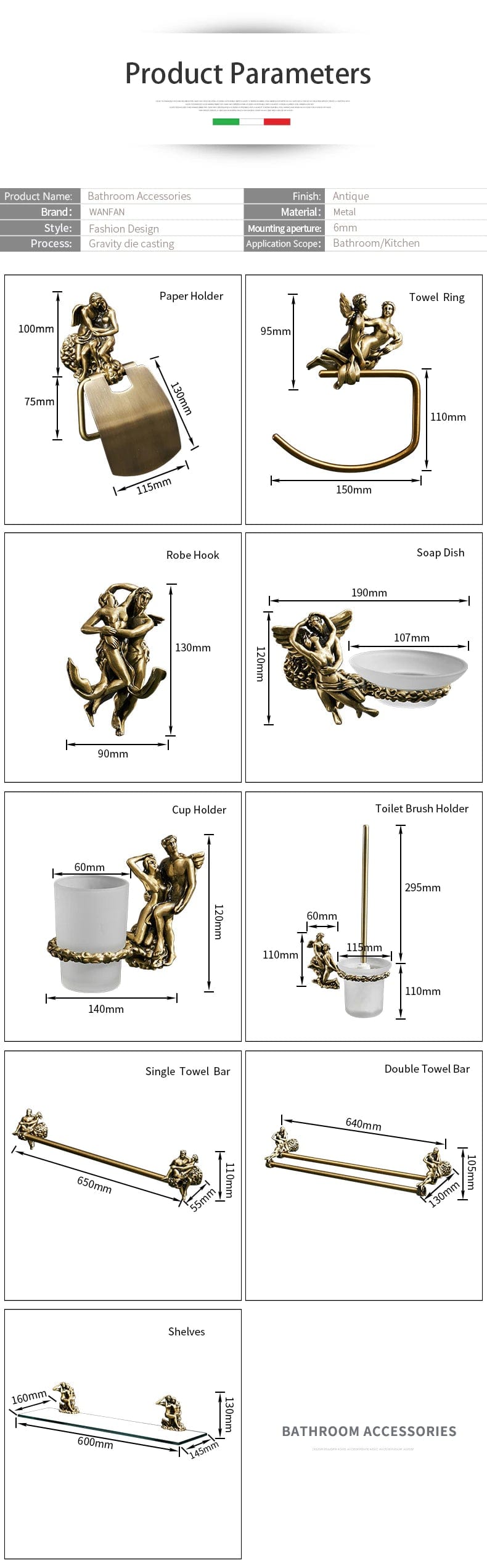 ALDO Home & Garden> Romantic Bathroom Hardware Accessories Set Cupid and Psyche Chrome Towel Ring and Robe Hook, Toilet Paper Holder Towel Bar Toilet Brush Holder