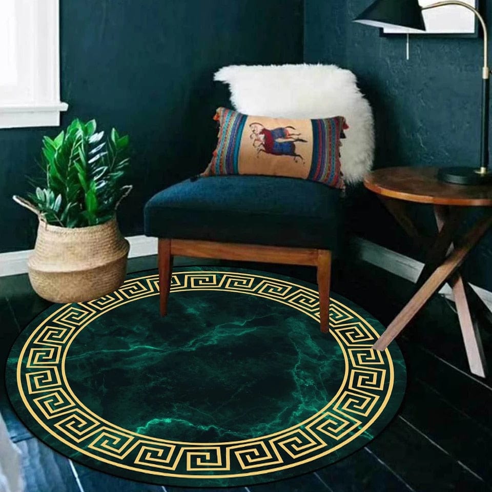 ALDO Home & Kitchen>Cups, Mugs, & Saucers New 2 feet x 2 feet / Polyester / Green Marble and Gold Versace Style Green Marble and Gold Luxury Non-Slip Round Rug Carpet