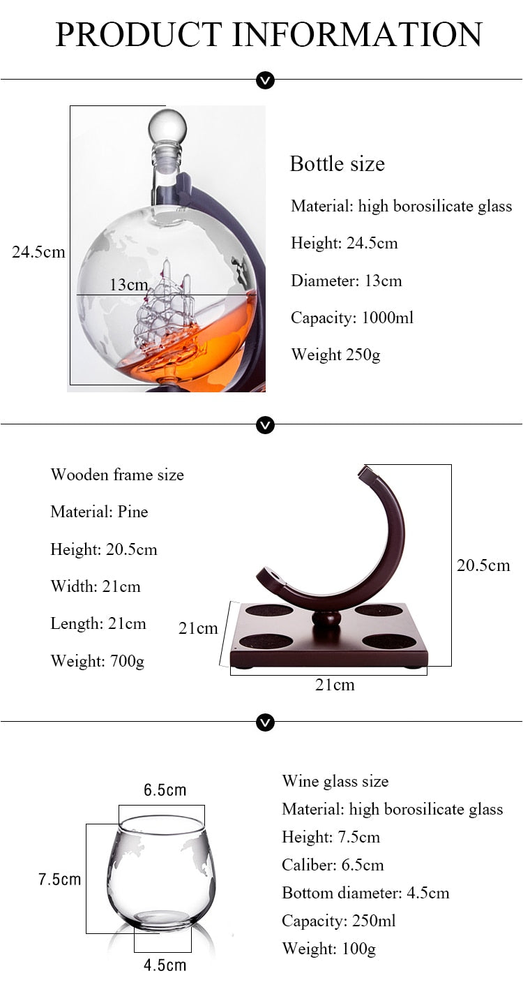 ALDO Home & Kitchen>Cups, Mugs, & Saucers New / Borosilicate Glass / 5" W x 9.5" Inches long Globe Crystal Led Free Glass Decanter Bottle With Ship Inside Four Glasses and Holder Set For Liquor Wine Whisky Vodka