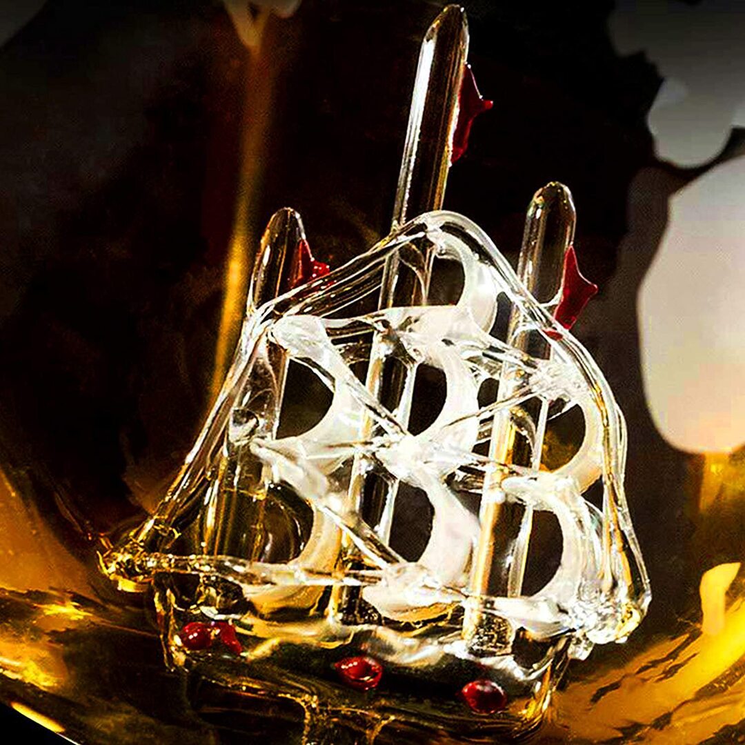 ALDO Home & Kitchen>Cups, Mugs, & Saucers New / Borosilicate Glass / 5" W x 9.5" Inches long Globe Crystal Led Free Glass Decanter Bottle With Ship Inside Two Glasses and Holder Set For Liquor Wine Whisky Vodka
