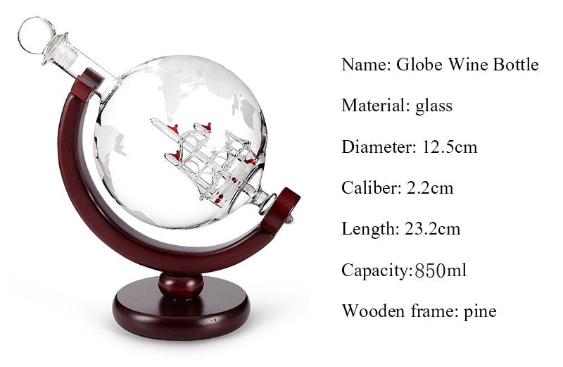 ALDO Home & Kitchen>Cups, Mugs, & Saucers New / Borosilicate Glass / 5" W x 9.5" Inches long Globe Crystal Led Free Glass Decanter Bottle With Ship Inside Two Glasses and Holder Set For Liquor Wine Whisky Vodka
