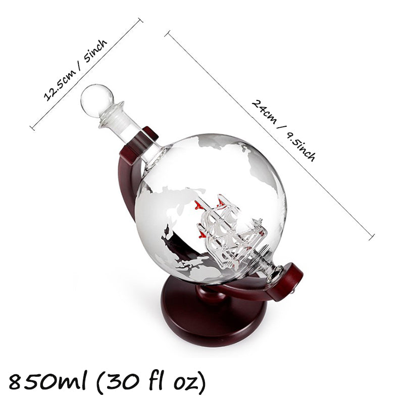 ALDO Home & Kitchen>Cups, Mugs, & Saucers New / Borosilicate Glass / 5" W x 9.5" Inches long Globe Crystal Led Free Glass Decanter Bottle With Ship Inside Two Glasses and Holder Set For Liquor Wine Whisky Vodka