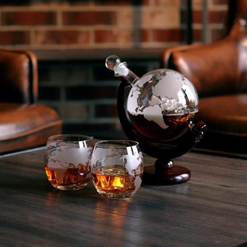 ALDO Home & Kitchen>Cups, Mugs, & Saucers New / Borosilicate Glass / 5" W x 9.5" Inches long Globe Crystal Led Free Glass Decanter Bottle With Ship Inside Two Glasses and Holder Set For Liquor Wine Whisky Vodka